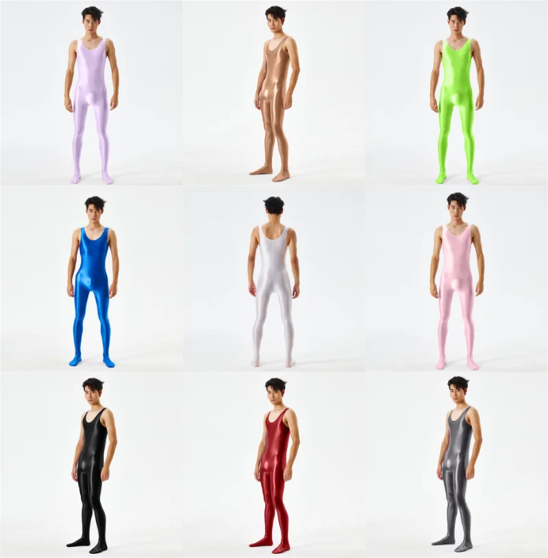 

Mens Silky Elastic Bodysuit Glossy Fitness One-piece Jumpsuit Sexy Leotard Stretch Overalls Shiny Bodystocking Clubwear Costumes