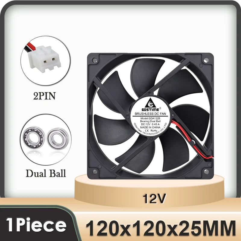 

Gdstime 2 Pcs DC 12V 120mm x 25mm Ball Bearing 12cm Large Airflow High Speed 12025 PC Case Cooler Cooling Fan 120*120mm 0.45A