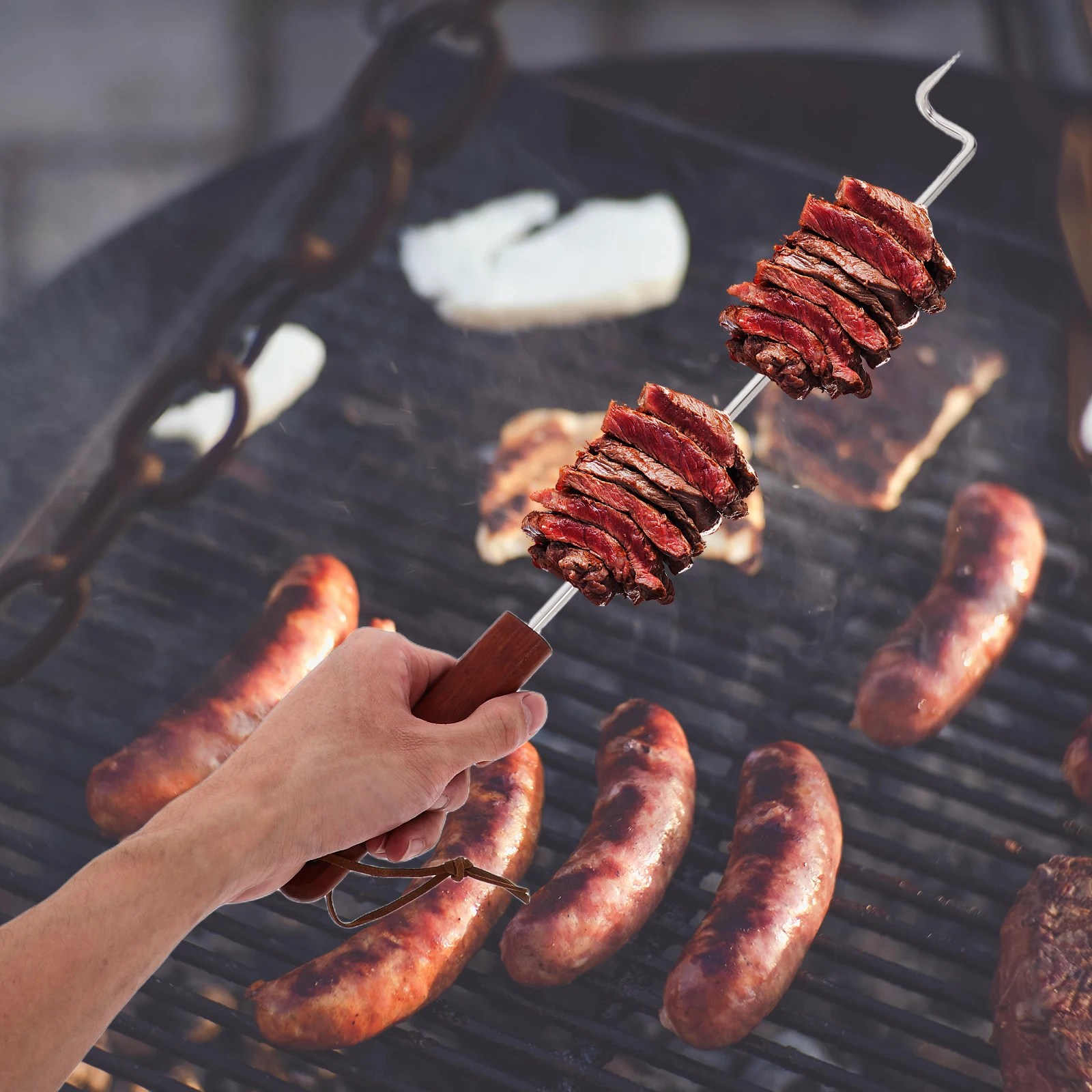 

1pc Stainless Steel Bbq Meat Hook Rosewood Handle Ergonomic Grill Fork For Outdoor Cooking Camping Barbecue Meat Turner