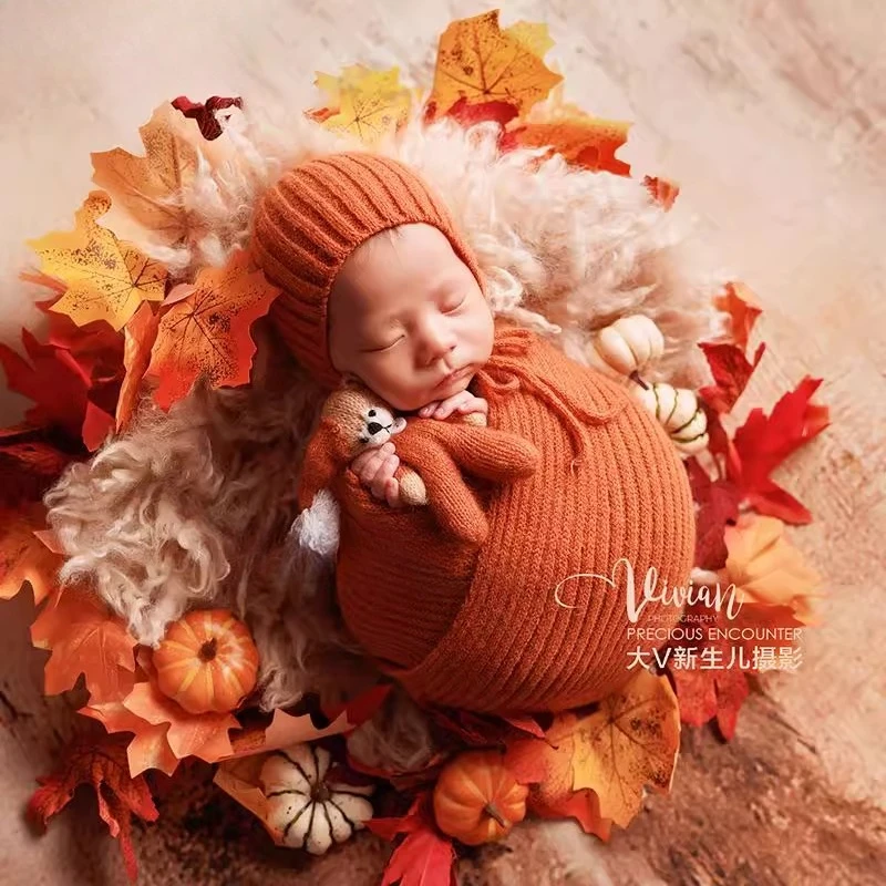 ملابس تصوير لحديثي الولادة لالتقاط الصور الفوتوغرافية للطفل، مجموعة أوراق القيقب الخريفية، عصابة رأس على شكل زهور لمجموعة خلفية ديكور