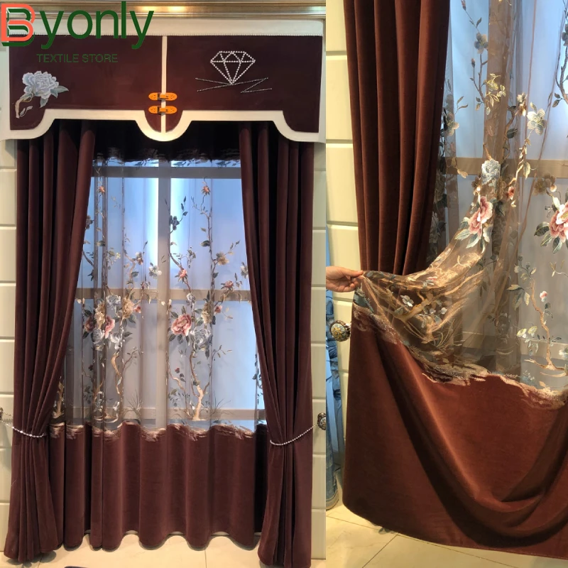 

Chinese Embroidery Window Screen Wine Red Pole Velvet Curtains for Living Room Bedroom Balcony French Window Customized Valance