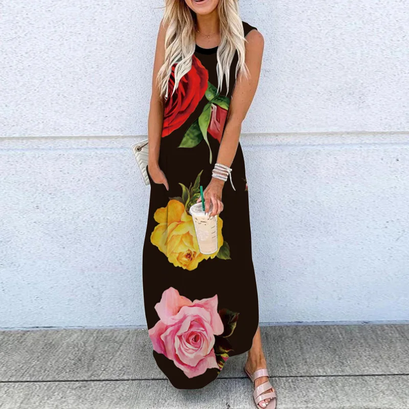 2021 New Summer Women's Clothes Sleeveless Long Dress round Neck Printed Vest Dress Europe and America Border Foreign Trad