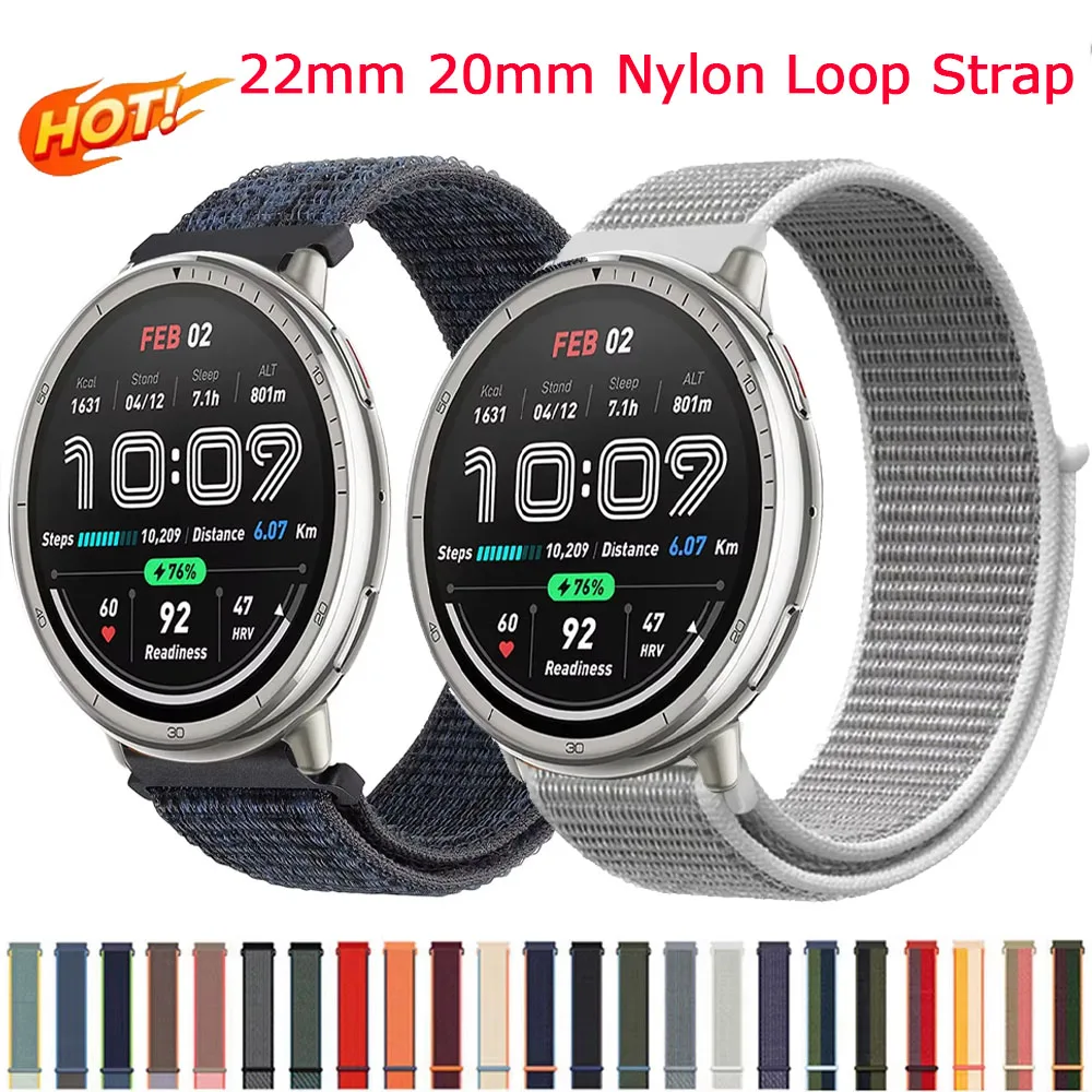 

22mm 20mm Nylon Loop Strap for Amazfit Active 2 Sport Breathable Comfortable Wristband for Amazfit Bip 5 6/GTR/GTS 4 3 2 2e Band