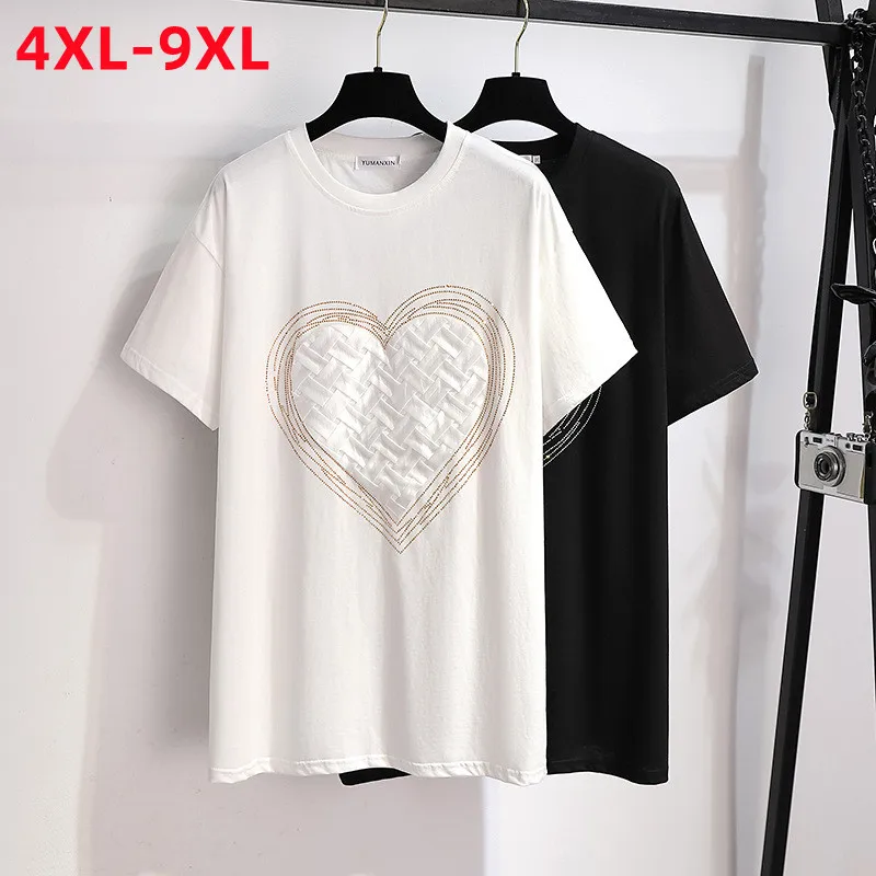 New 2022 Summer Plus Size Tops For Women Large Size Short Sleeve Loose White Cotton Heart-shap T-shirt 4XL 5XL 6XL 7XL 8XL 9XL