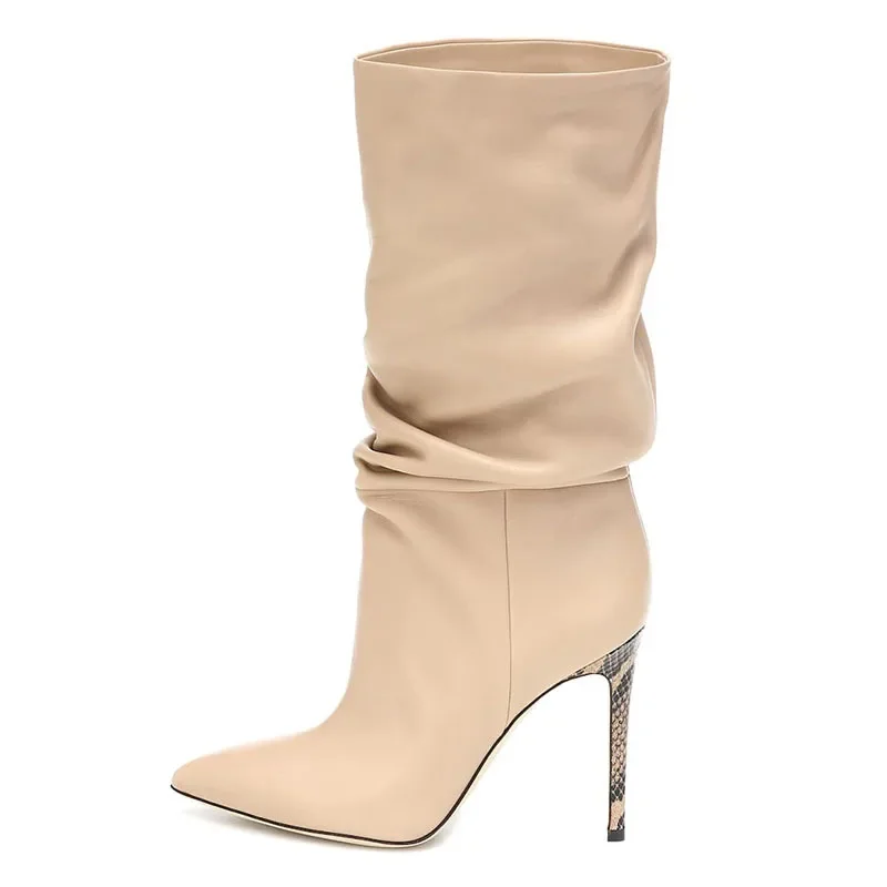 

Sexy Stiletto Mid-Calf Leather Boots Plus Size Custom Pleated Knee-High Botines Women Slip-On Botas Femininas Zapato De Tacon