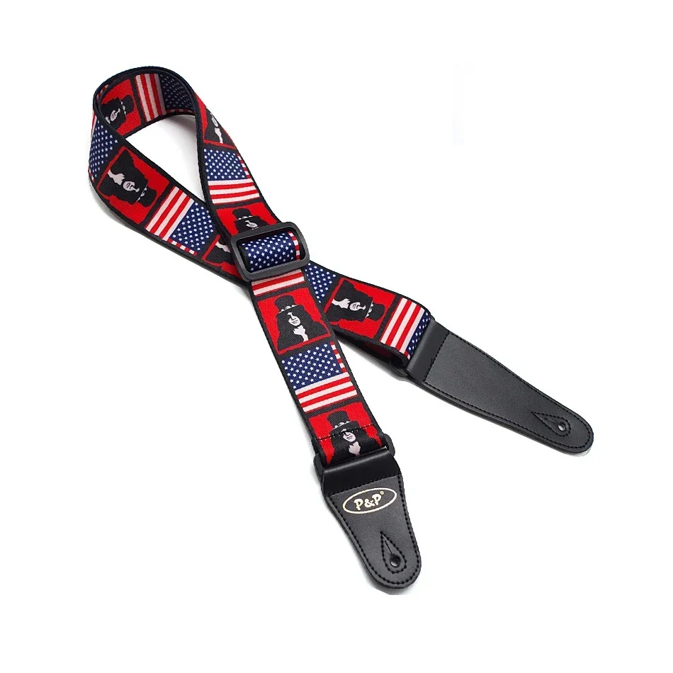 New National Flag USA UK Canada Slash Design Cotton 2\' Adjustable Bass Acoustic Electric Guitar Strap Black Leather Ends