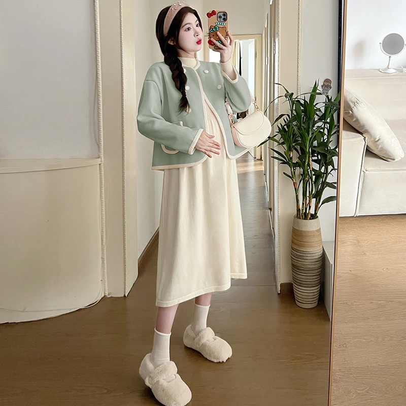 Japanese Style Maternity Knitting Dress Spring Autumn Long Sleeve Pregnant Woman Basic Dress Solid Color Pregnancy Loose Dresses