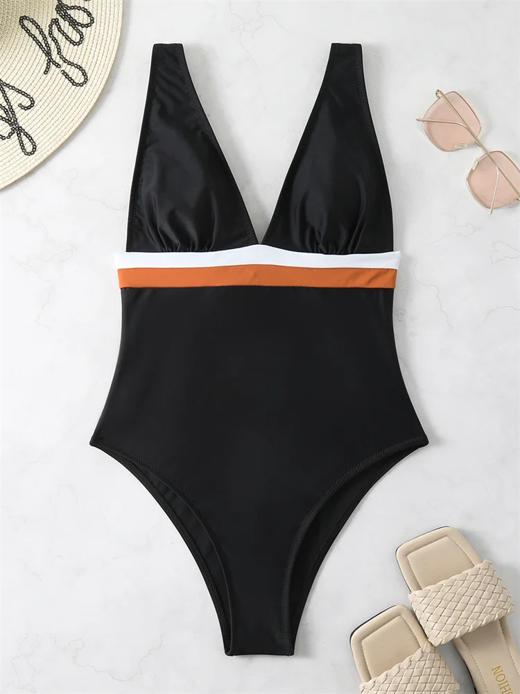 Um pedaço profundo decote em v com renda para banho feminino, moda praia feminina, monokini sexy, body suits, moda praia para o verão, nova roupa de banho, 2024