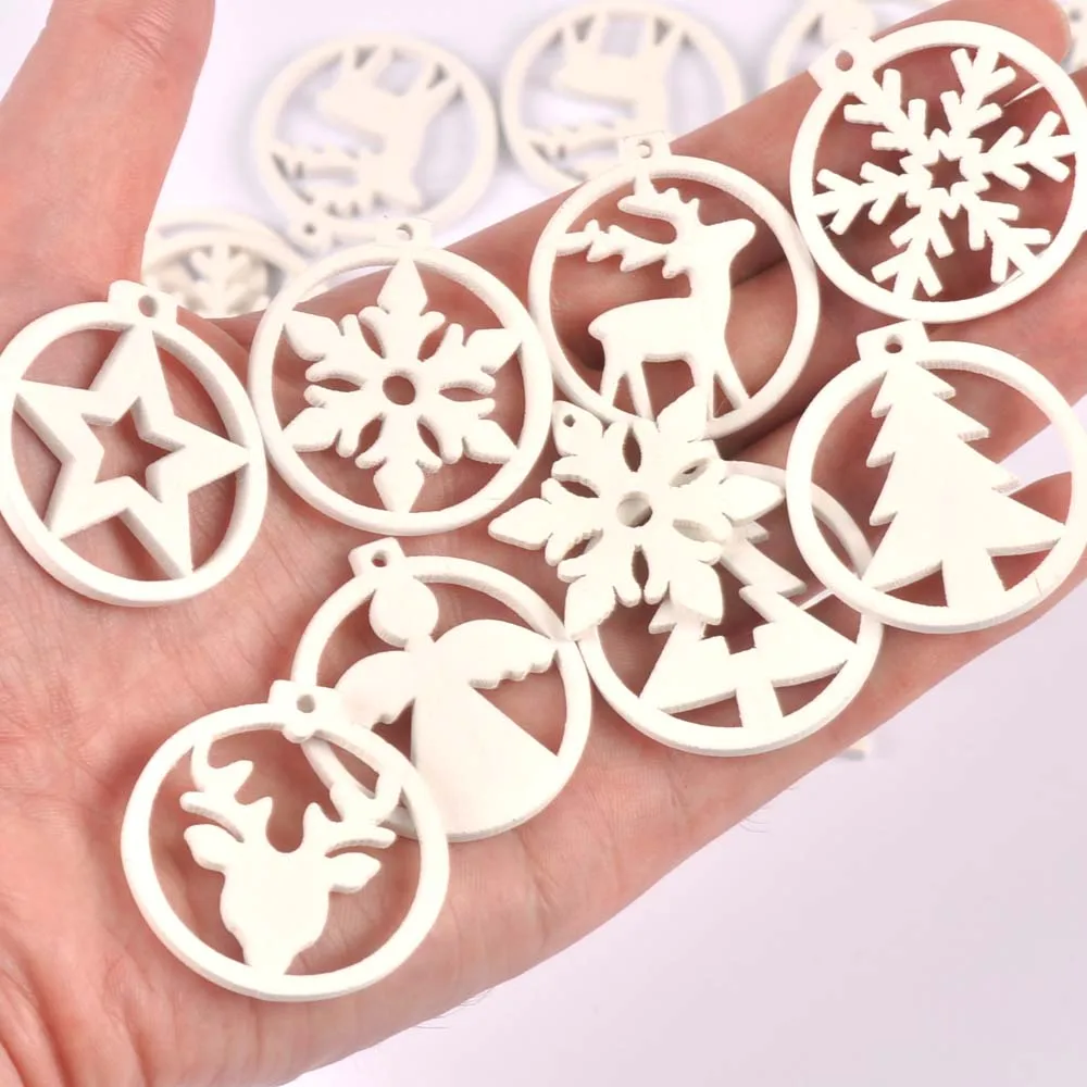 30Pcs Christmas Round White Snowflake Tree Angel Wooden Pendant Hanging Oranments DIY Handmade Supplies Xmas Home Party Decor