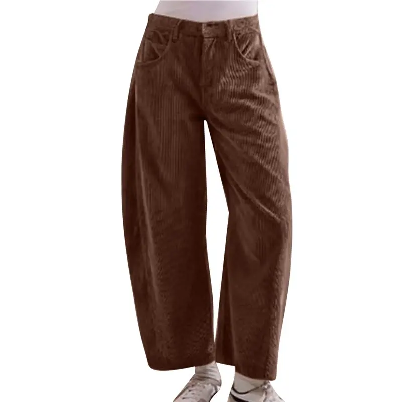 

CYL-Women's Corduroy Pants Mid-Rise Elastic Waist Cord Pant Casual Wide Leg Baggy Trouser With Pockets