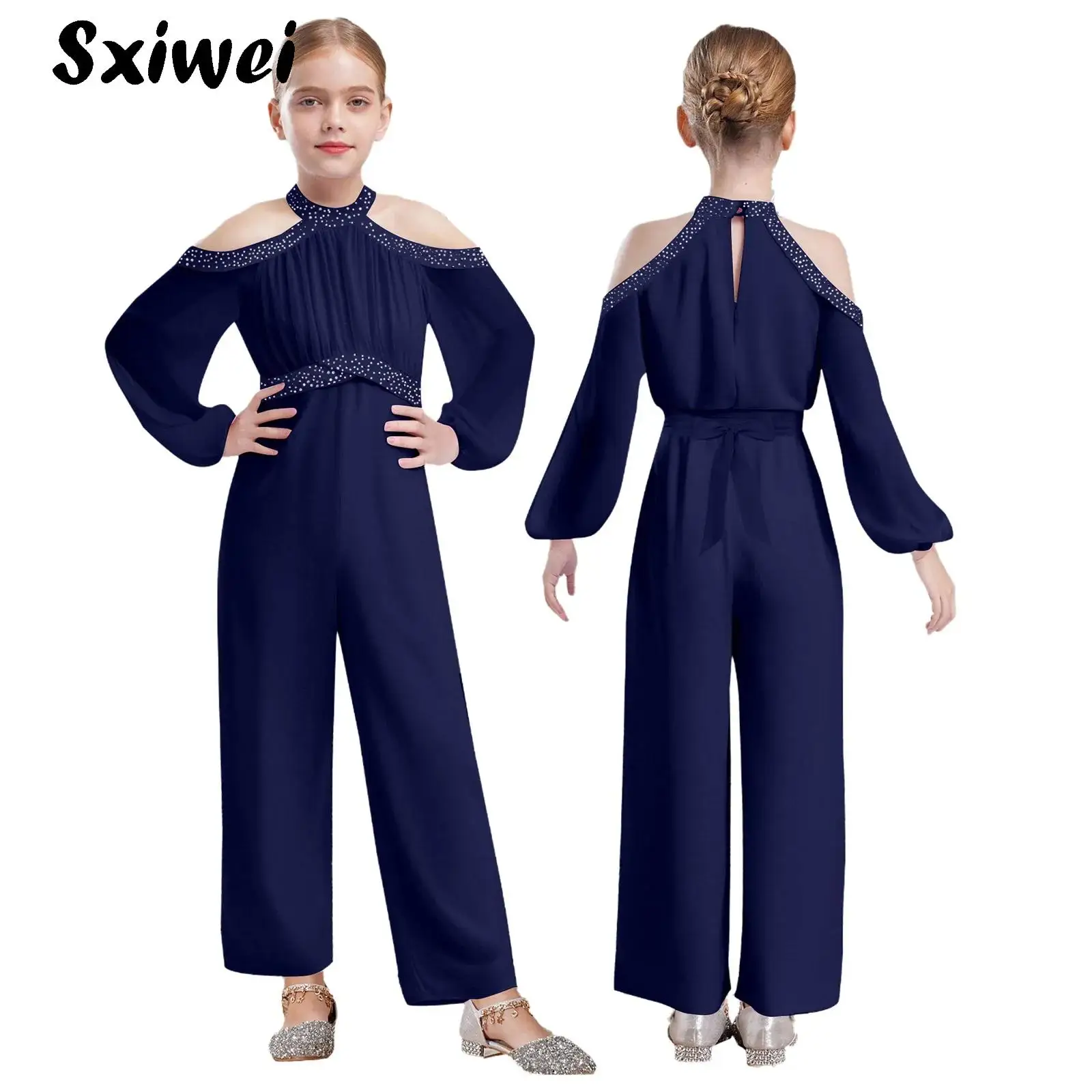 

Fashion Girls Jumpsuit Kids Cold Shoulder Long Sleeve Belted Wide Leg Romper One Piece Summer Outfits for Prom Wedding Banquet