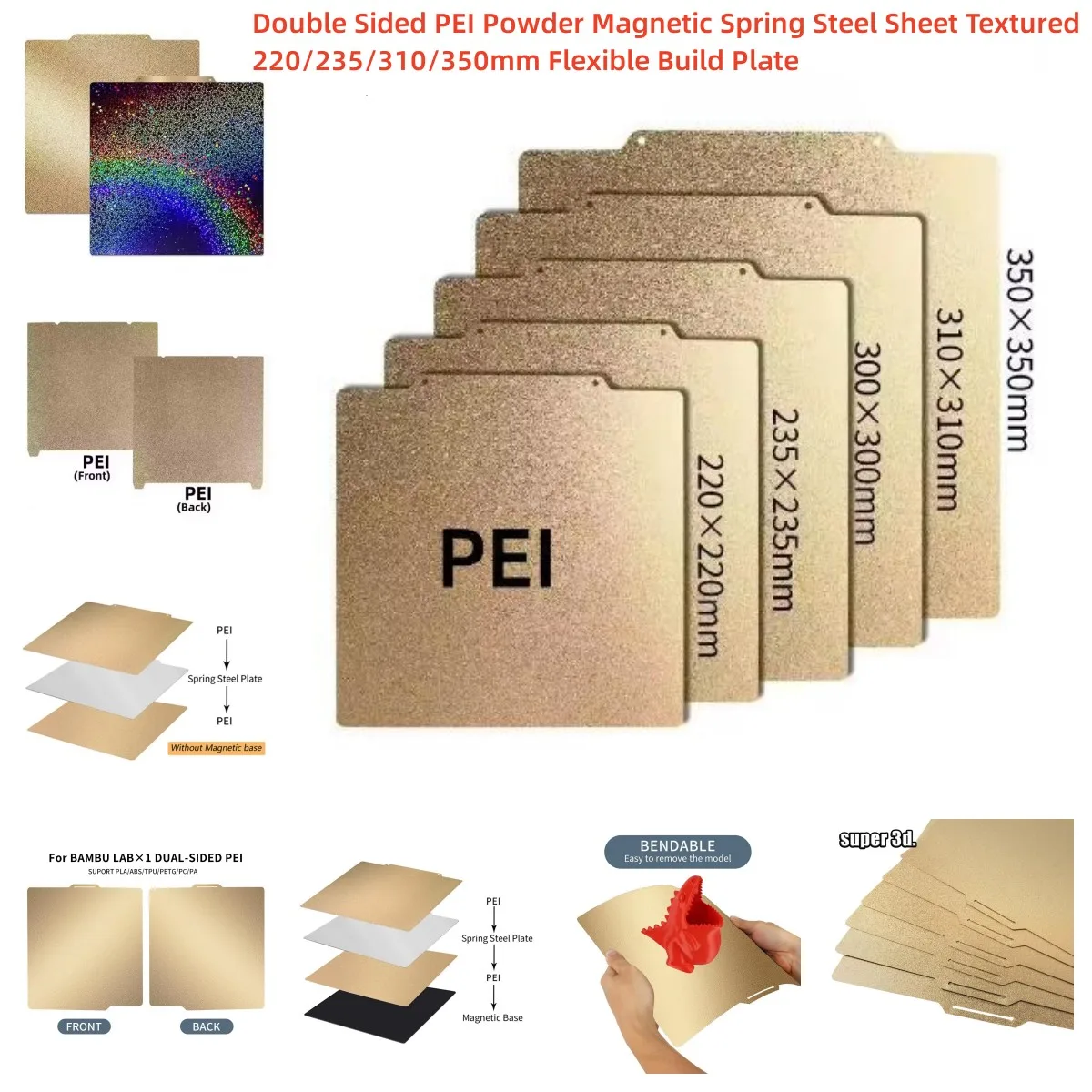 Für Ender 3 CR10 P1P SW-X1 Bauplattenseitiges magnetisches PEI-Pulverblech 235/257/310/mm doppelseitiges Federstahlblech strukturiert