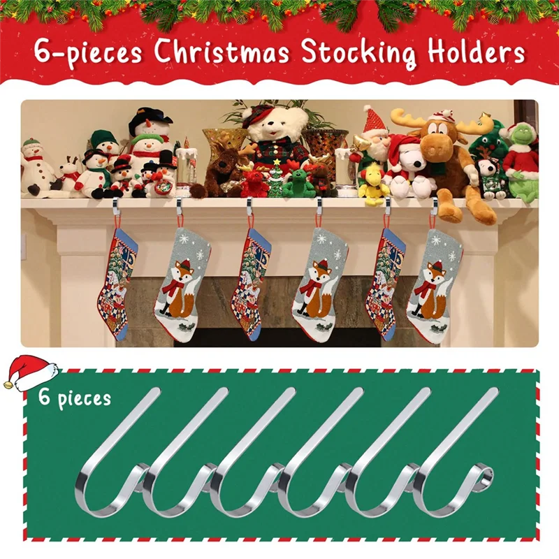 AA80-6PCS Kerstsok Houders Decor Haken Voor Mantel Set Van 6 Mantel Decor Haken Kerst Sok Haak