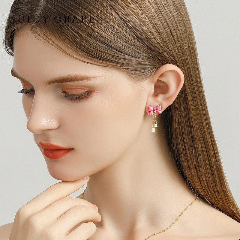 JUICY GRAPE Pink Bow Earrings for Women 925Silver Needle Sweet and Charming Handmade Enamel Ear Clips Ear Stud for Summer