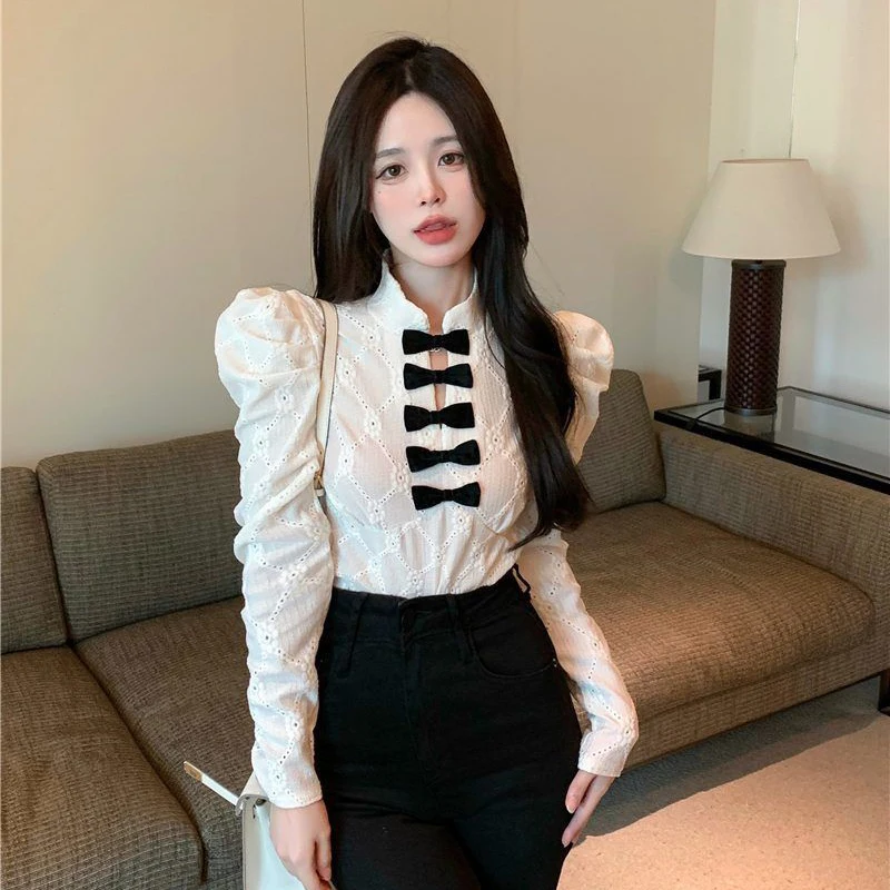 Y2K Women White Shirt Korean Elegant Bow Hollow Out Stand Collar Female Blouse Spring New Chic All Match Long Sleeve Ladies Tops