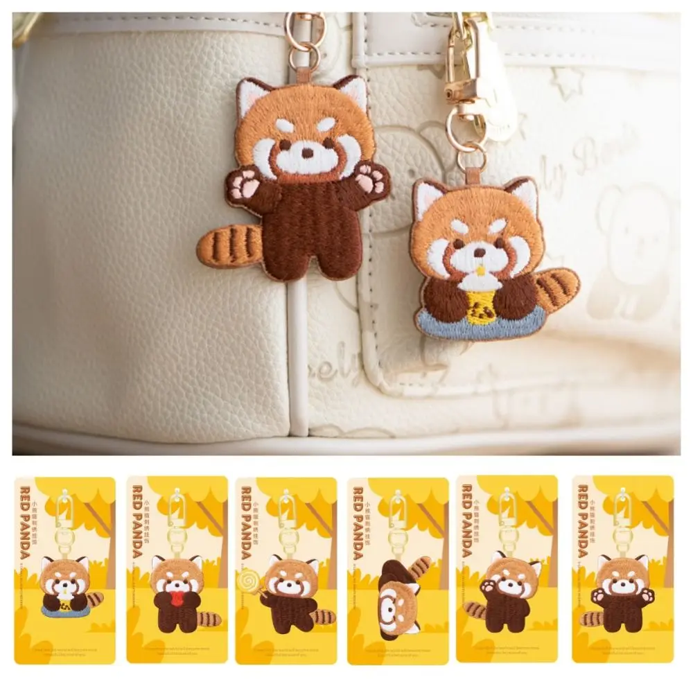 Funny Cartoon Red Panda Keyrchain Creative Soft Kawaii Animal Pendant Sleep Lollipop Red Panda Embroidery Pendant Backpack Decor