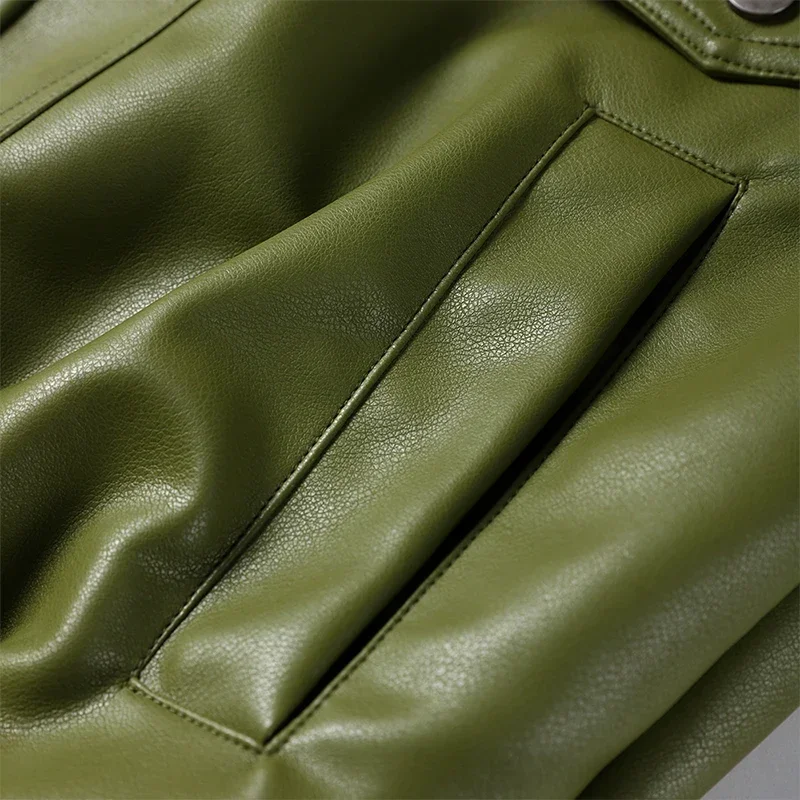 2025 New Lady Solid Streetwear Fashion Green PU Leather Jacket Women Laple Zipper Loose Full Sleeve Single Breasted Cropped Coat