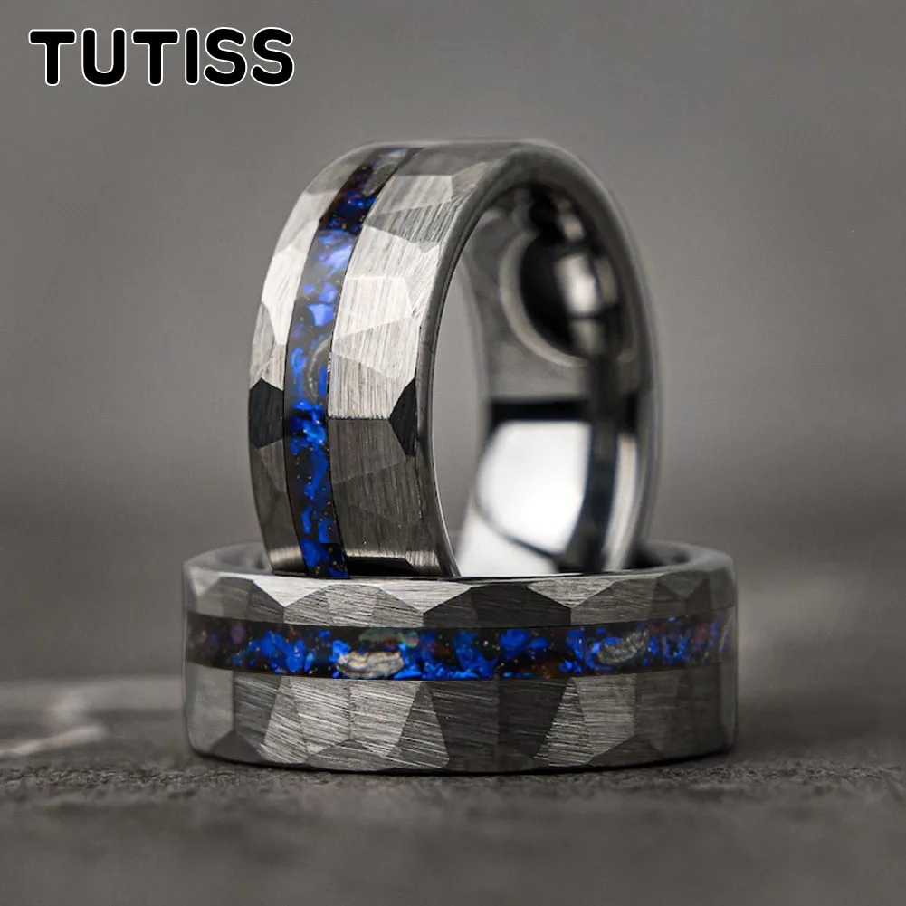 

Men's 6/8mm Gold Hammered Tungsten Ring, With Blue Glass Stone and Meteorite Inlay, Unique Engagement or Anniversary ring