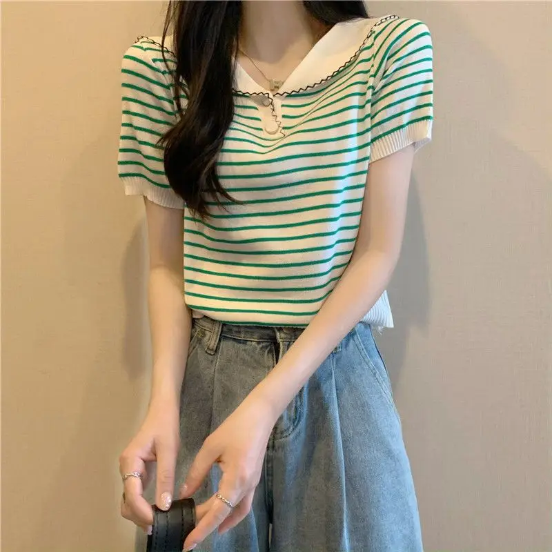 Summer New Sweet Temperament Striped Tops Tees Short Sleeve Youth All-match Knitting T Shirts Fashion Korean Women Clothing