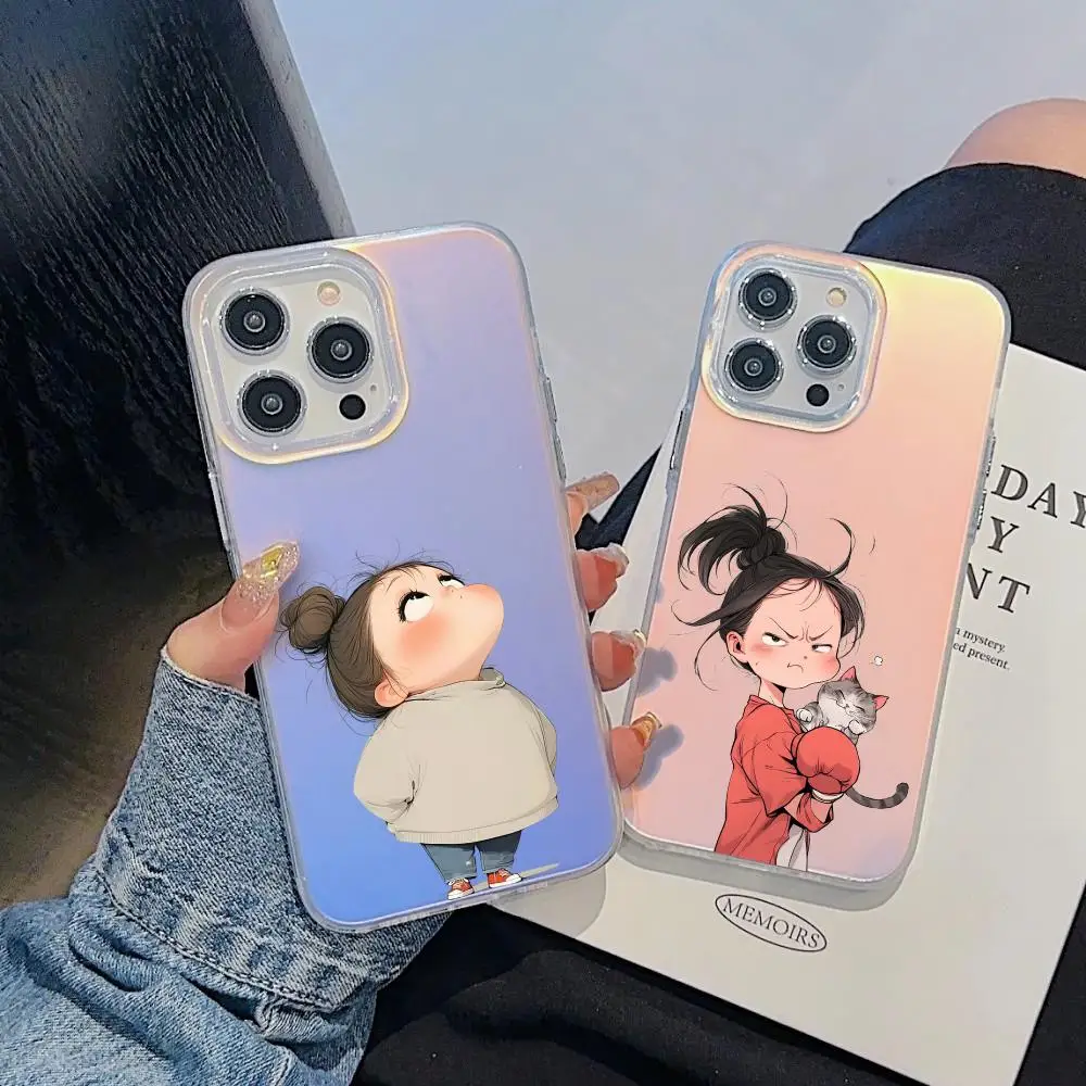 

Cute Angry Little Girl Phone Case For iPhone 17 16 15 14 13 12 11 Pro Max Plus Transparent Aurora Laser Gradient Cover