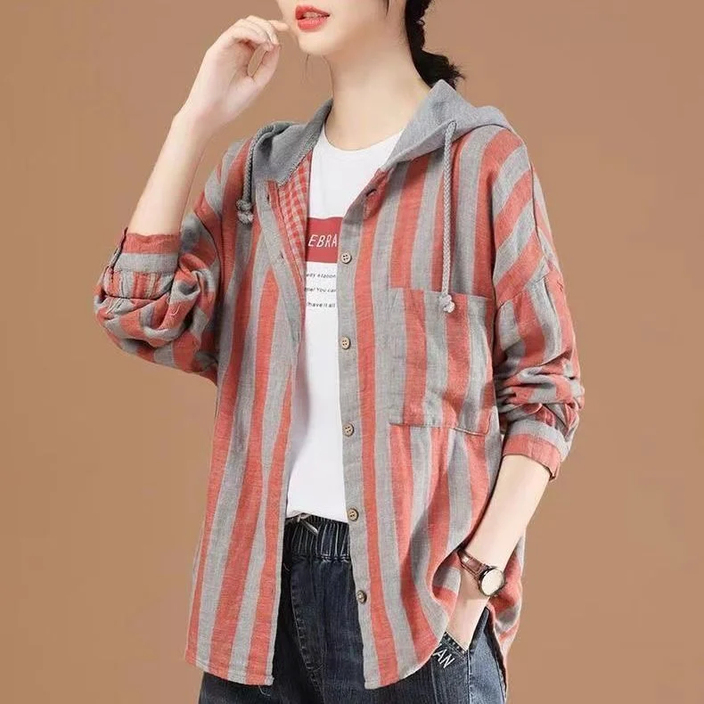 

Loose Fit Cotton Shirt Jacket Women's Spring Casual Striped Long Sleeve Hooded Top Double Layered Color Block Vertical Stripes