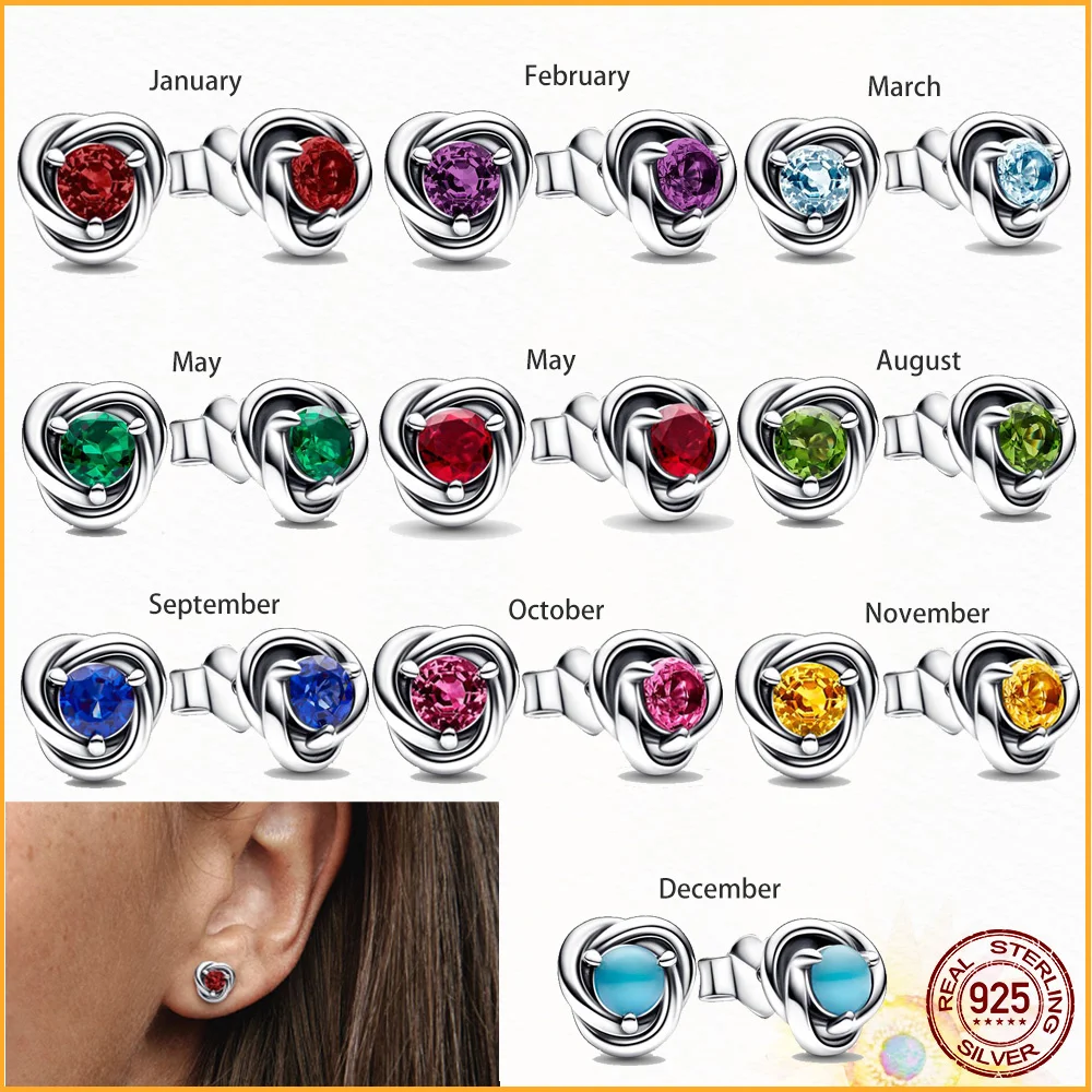 Month Birthstone Eternity Circle Stud Earrings 925 Silver Plated Women Birthday Commemorative Jewelry Exquisite Gift