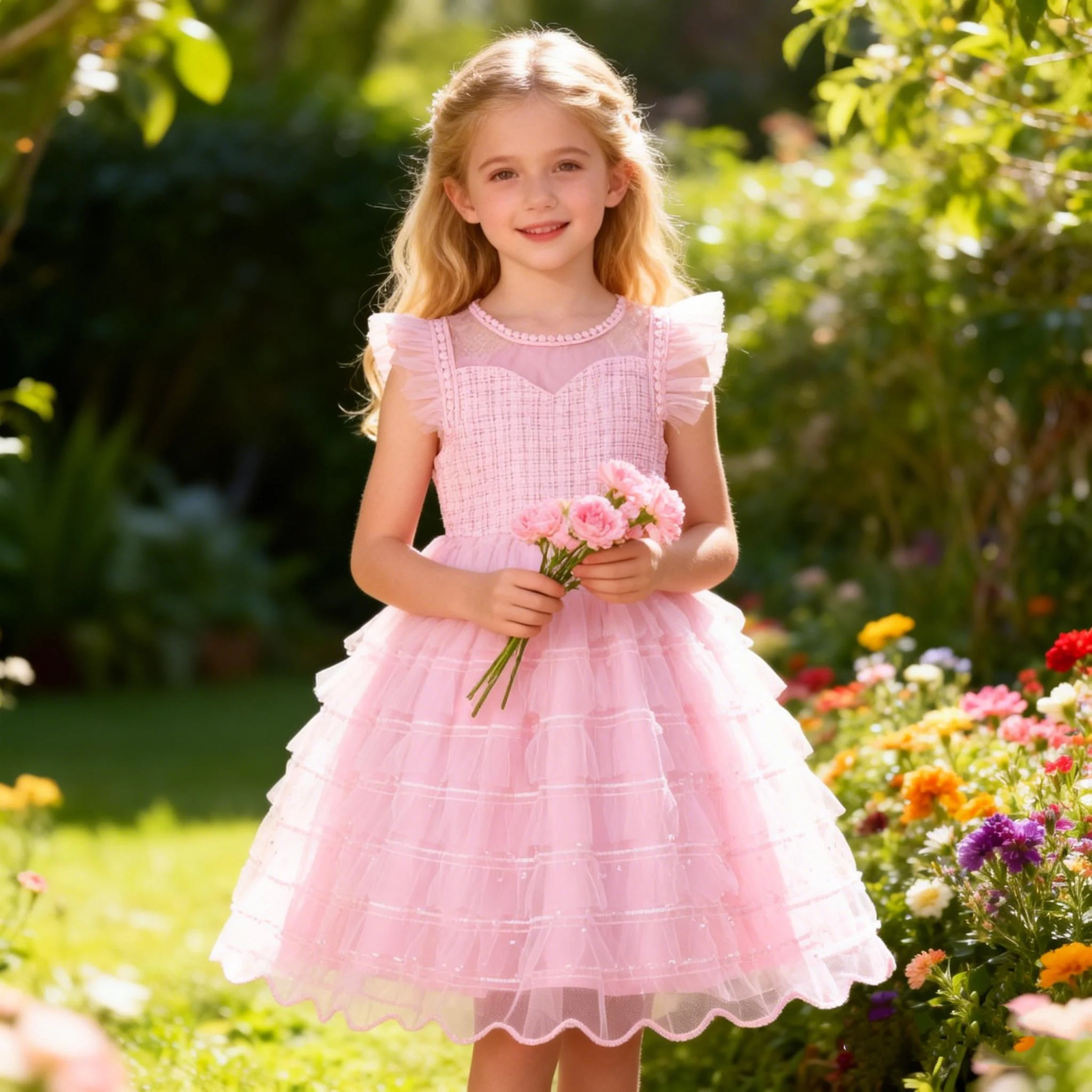 Sommer Mädchen Süßes Und Niedliches Ärmelloses Einfarbiges Kuchen Flauschiges Prinzessinkleid Modisches Lässiges Mesh-Kleid