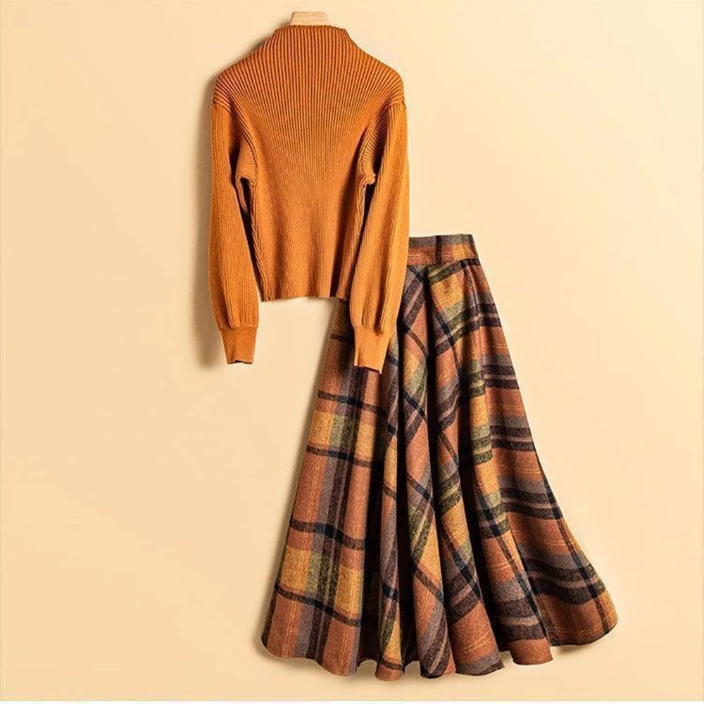 Falls Retro Style Women's Puff Sleeve Sweater Plaid Midi Skirts Sets Lady Graceful Autumn Knit Tops High Waist Wool Skirt Outfit