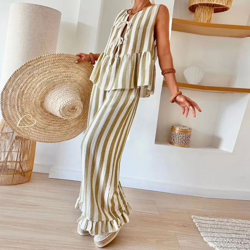 

Spring Stripe Print Hollow Women Outfit Sexy Front Tie-up Bowknot Vest Top Wide Leg Pant Set Summer Sleeveless Loose Ruffle Suit