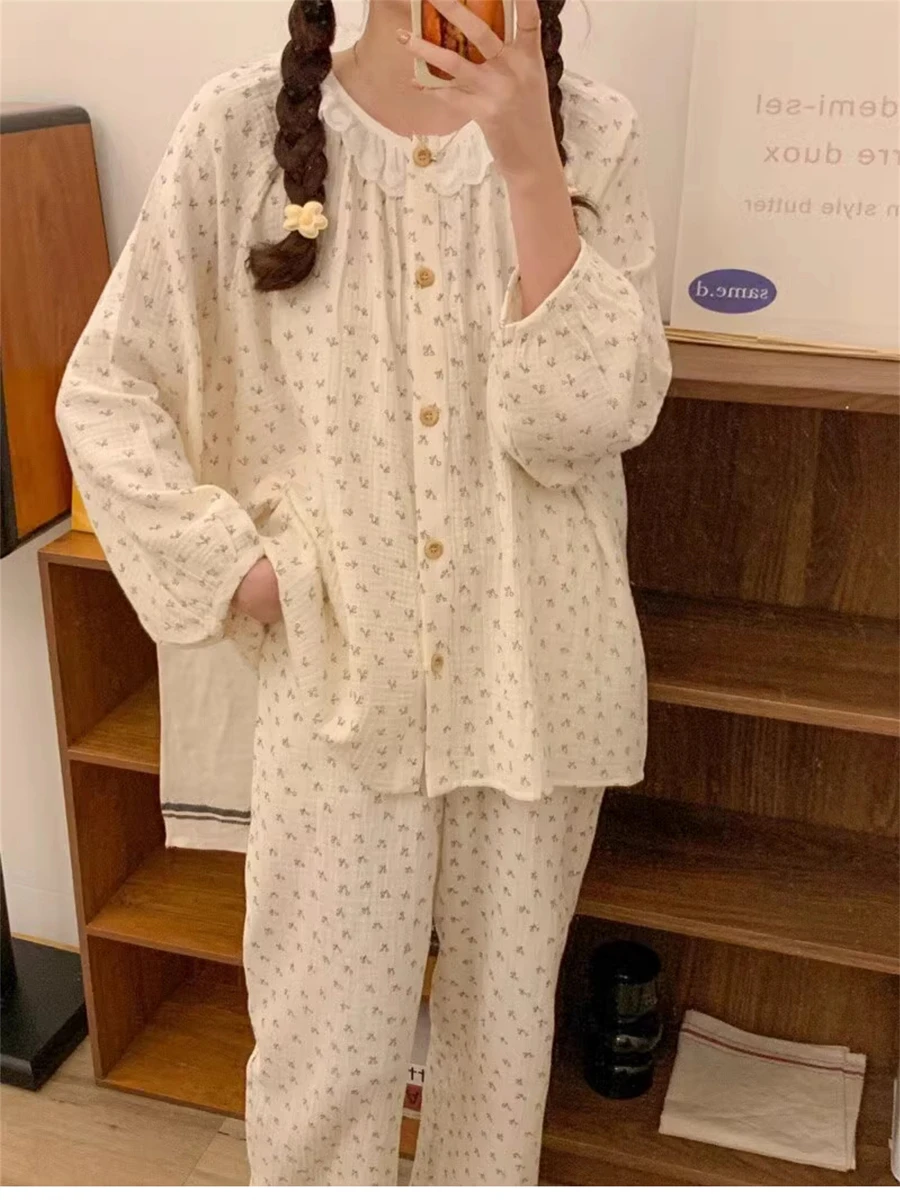 8911 بيجامة قطنية للسيدات للربيع والخريف كورية حلوة صغيرة مُزينة بالزهور يمكن للطلاب ارتداء سترة بأكمام طويلة مجموعة ملابس منزلية