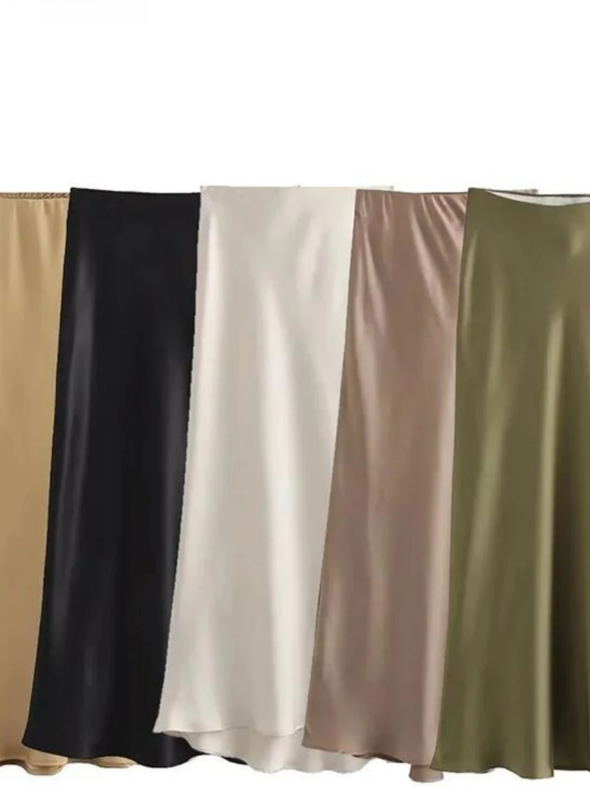 Długa spódnica midi z satyny z wysokim stanem, o kroju litery A, w stylu streetwear, dla młodych kobiet w wieku 20-tych lat, wyprodukowana w Chinach, dopasowana, jednokolorowa.