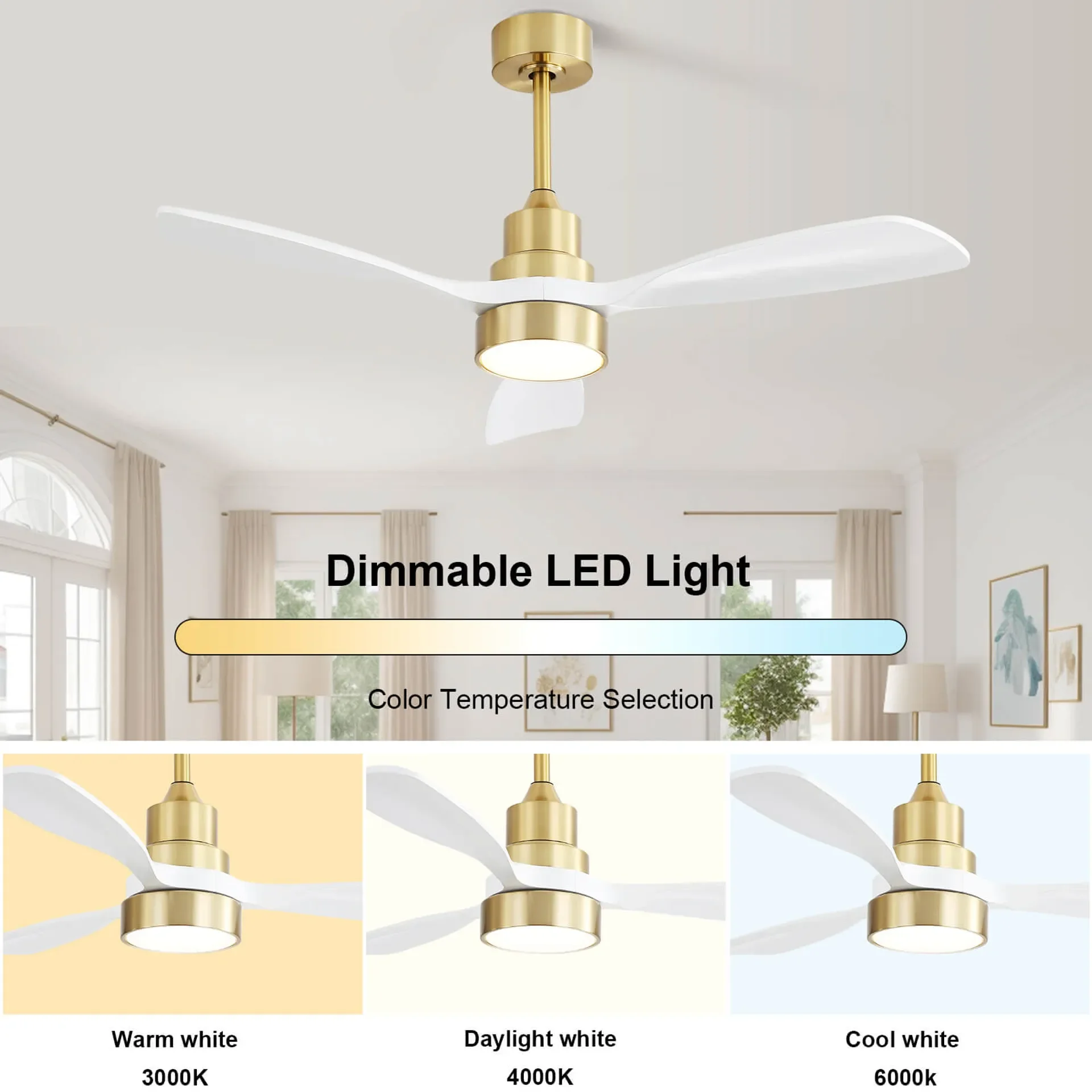 48 Inch Modern Ceiling Fan With Lights 3 Wood Fan Blade Noiseless Reversible Motor Remote Control