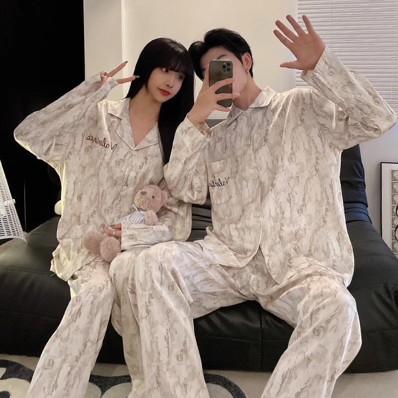 New Couples Pajamas Men Fall Ice Silk Long-sleeved High Quality Home Wear Ms. Loose Comfortable Pajamas Set Can Be Worn Outside