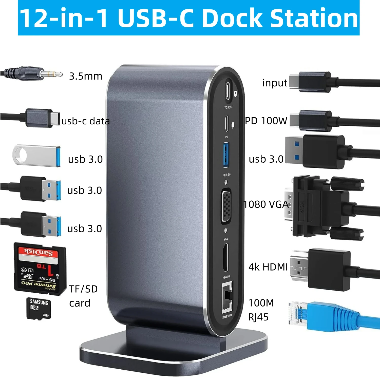 

12-in-1 USB C Docking Station with 100W PD USB-C 4K VGA USB 3.0 RJ45 SD/TF Cards Reader Audio for Windows Laptop