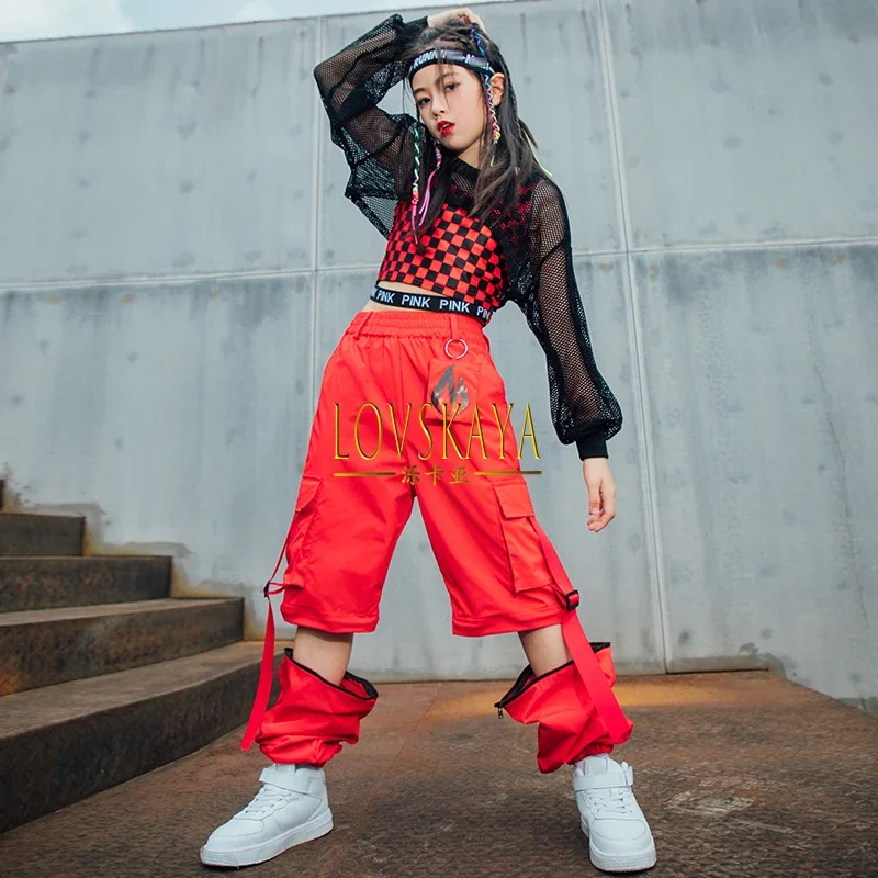 Red Lattice Vest Loose Cargo Pants Net Tops For Girls Clothes Jazz Show Stage Kids Hip Hop Street