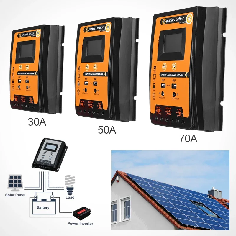 Best Solar Controller 12V 24V 30A 50A 70A Solar Charge controller IP 32 Waterproof Panel Battery Regulator Dual USB LCD Display