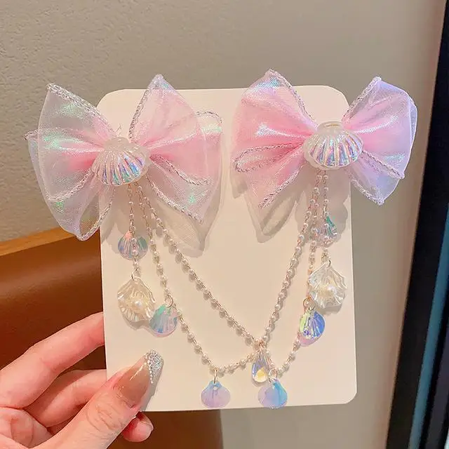 Simpatica catena per capelli a forma di sirena, perla finta e stella in resina, nappa, copricapo da principessa, set di forcine ipoallergeniche per ragazze