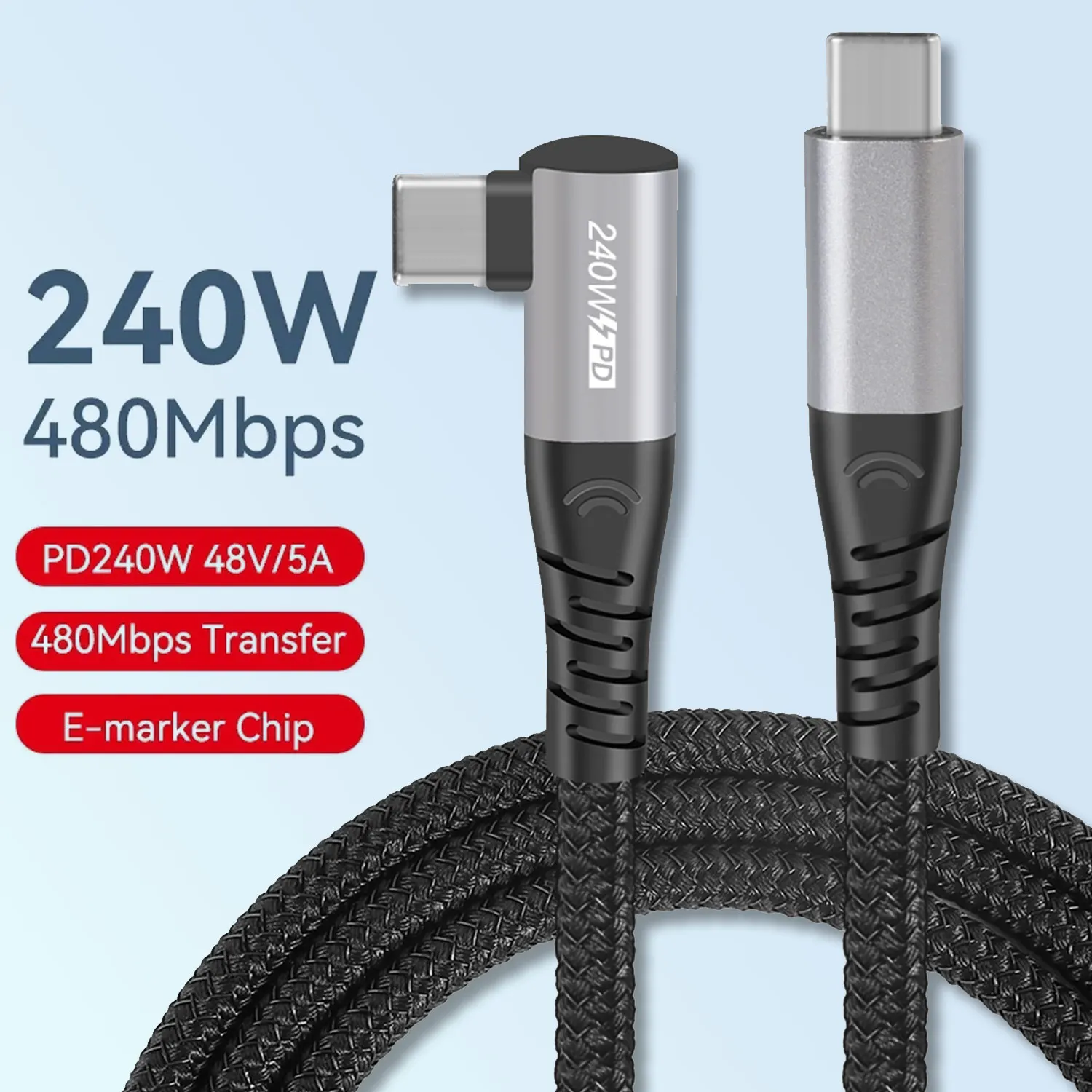 

240W USB Type C to Type C PD Elbow Cable Fast Charging Cable Adapter For Xiaomi Huawei Sanmsung Data Transmission Cord Wire