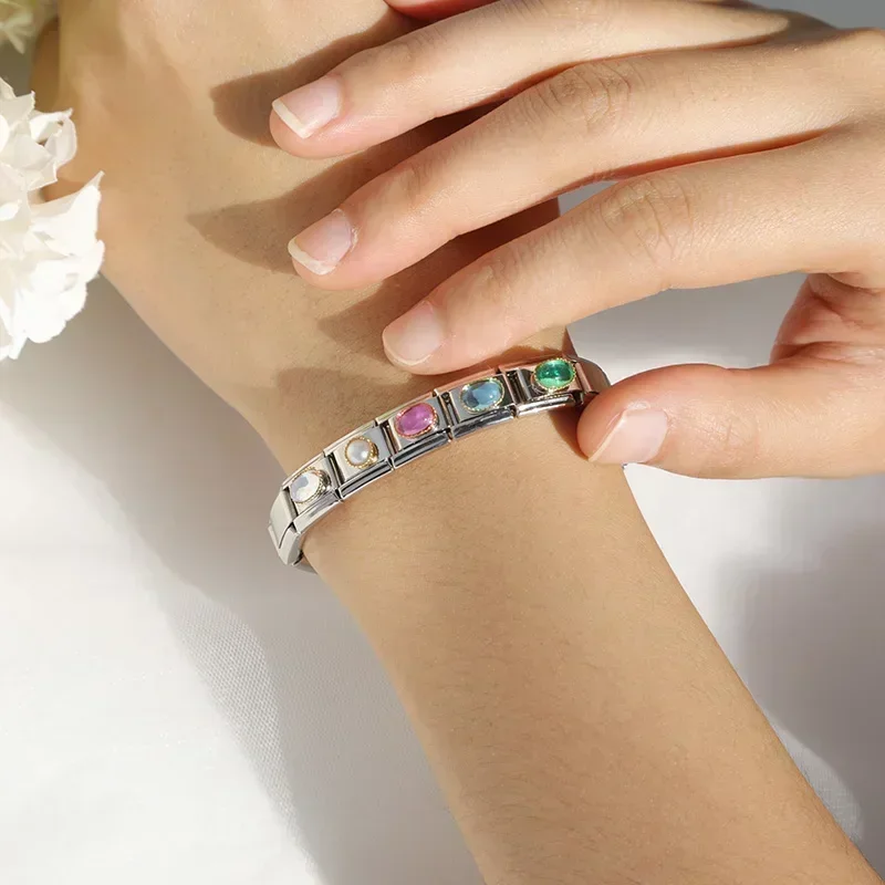Hapiship Original Daisy Fashion Heart Ellipse Color CZ Italian Charm Links Fit 9mm Bracelet Stainless Steel Jewelry Making DJ374 image 2