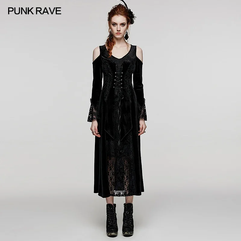 

PUNK RAVE Women's Gothic Dense Velvet Sexy Cherry Lace Dress Party Club V-Neck Black Long Dresses Women Clothing