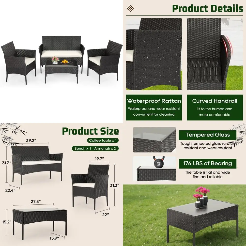 4-Piece Black Outdoor Wicker Patio Furniture Set with Coffee Table - Modern Rattan Chairs Conversation Set