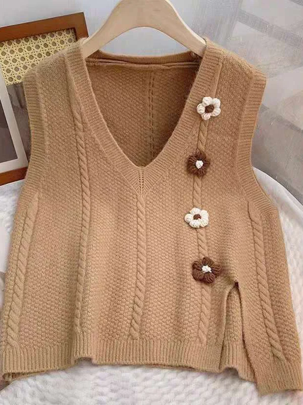 Retro V-Neck Knitted Sweater Vest Women's Loose Sleeveless Twist Design Outerwear Comfortable Commute Style  Color