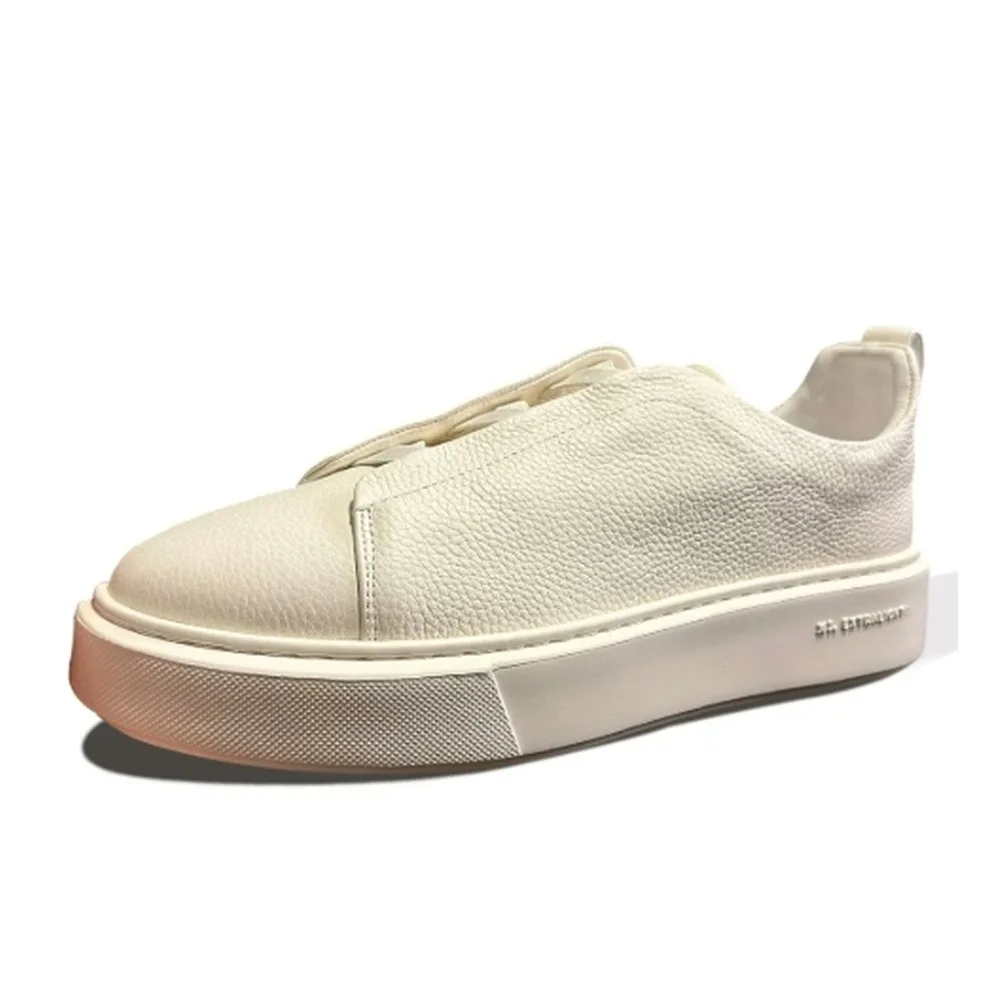 Men's Off‑White Pebbled Leather Sneakers, Lace‑Up Low Top Thick Sole Retro Casual Platform Shoes