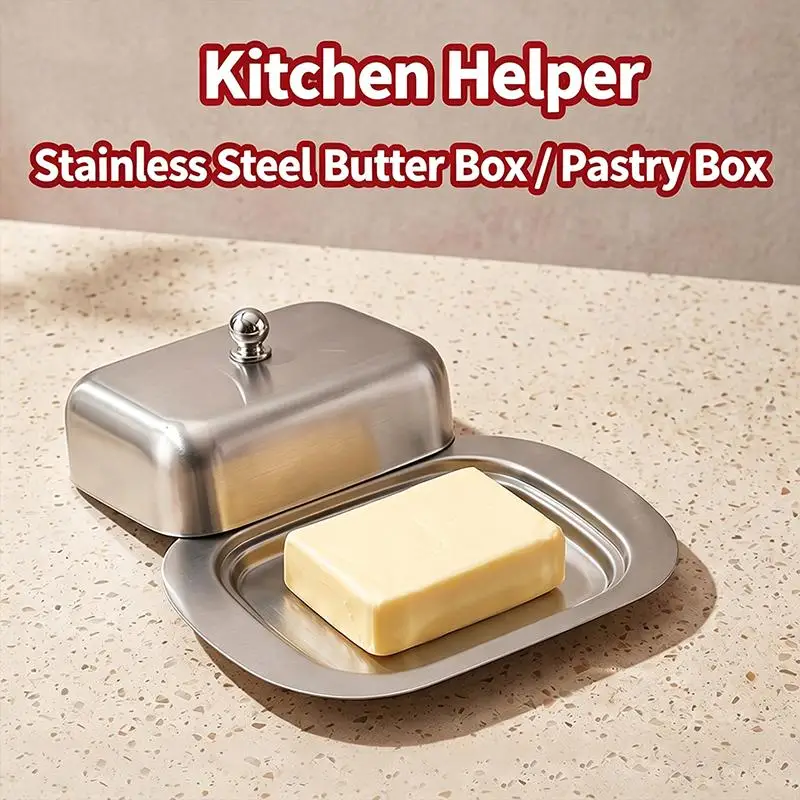 Stainless Steel Butter Box with Sealed Lid Rust Resistant Dish for Home Kitchen Baking Pastry Storage and Table Serving Dish