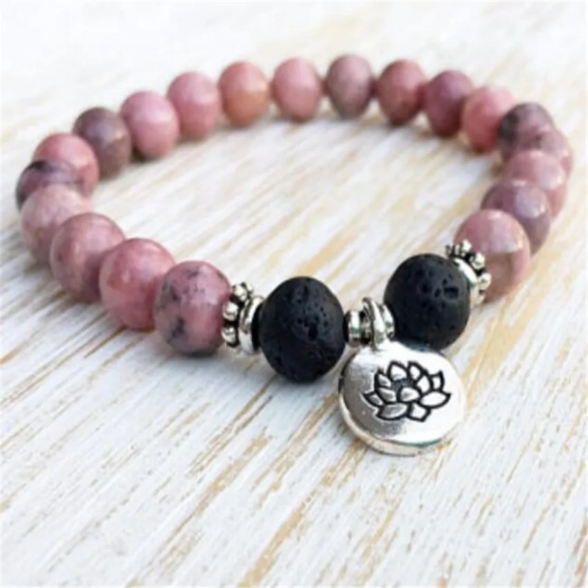 Bracelet Mala en Rhodonite de 8mm, Pendentif de Bouddha Annie, Manchette Artisan Unique Écologique, Ajustable, JOPrayer