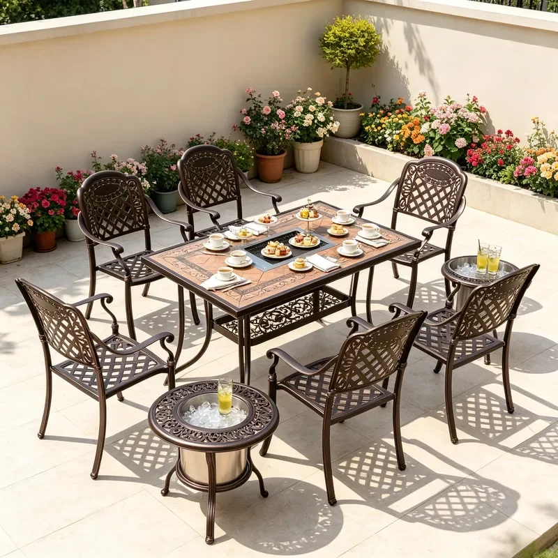Outdoor Cast Aluminum Rectangular BBQ Table and 6 Chairs Set Hollow Mesh Backrest Patio Dining Furniture One Table Six Chairs