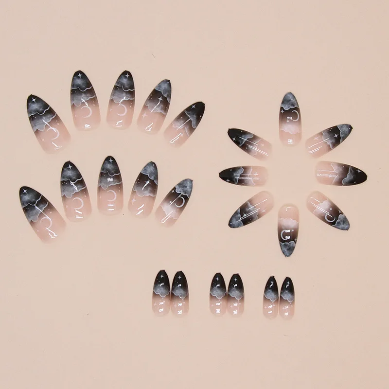24 szt. sztucznych paznokci czarnych w stylu francuskim ombre, efekt gwiaździstego nieba i księżyca, kształt migdałowy, naklejane tipsy, idealny prezent dla dziewczyn i przyjaciółek.