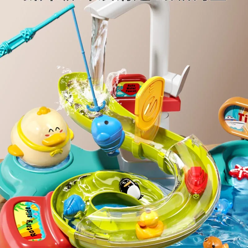 Children\'s Electric Pretend Play Toys Dishwashing Basin Toys Gift Kitchen Interactive Toys 2-in-1 Slide Fishing Montessori Toys