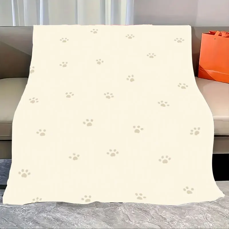 

1pc Flannel Blanket Soft Cozy Paw Print Blanket for Pet Lovers - Cream with Brown Paws Design
