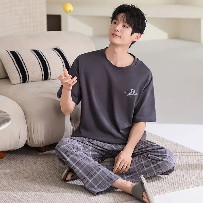 

2026 Summer Plus Size Short Sleeve Long Pants Cotton Pajama Sets for Men Korean Casual Plaid Sleepwear Pyjama Homewear Clothes